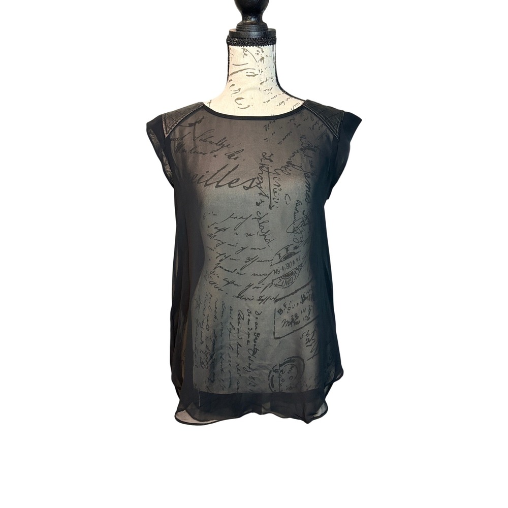 BCBGeneration Black Sheer Script Print Top‎ XXS Faux Leather Quilted Trim Blouse